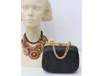 Black Woven Raffia Straw Summer Clutch Chain Purse-Made In Italy For Rosenfeld