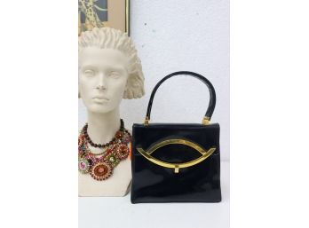 Koret Black And Gold Vintage Genuine Leather Handbag Purse 1950s 1960s Bag
