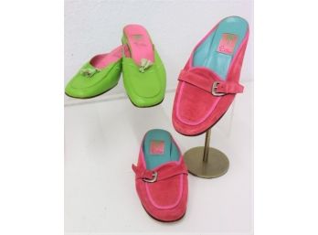 Hello Lilly!  Two Pairs Of Leather Mules - Green And Pink With Tassels AND Blue And Pink With Side Buckle