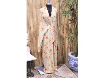 Sweeping Japanese Silk Brocade Lined Kimono Exotic Floral Motif