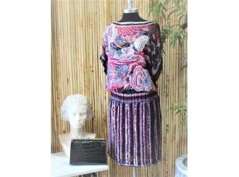 Celeste - Size S - Beaded & Sequined Nature Print Bateau Neckline Tunic With Ruffle & Sequin Stripe Skirt
