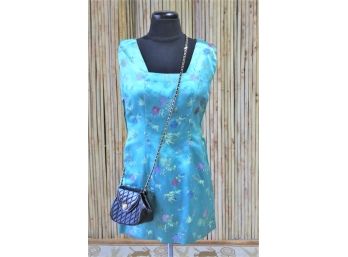 Chinese Dragonfly & Lotus Silk Aqua-Blue Cocktail Shirt Dress
