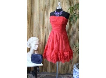 Coral Ruched Bodice Ruffle Hem Strapless Cocktail Dress