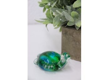 Handmade Blown Glass Sea Turtle In Tidepool Green/blue Swirl