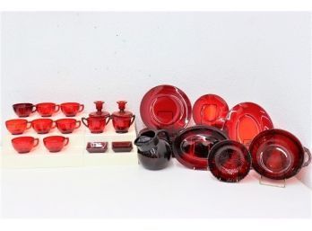 Assortment Mixed Lot Of Cranberry & Red Ruby Serveware, Tableware, Candlestick Holders Et Al. - 33pieces