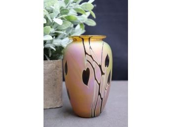 Stunning Pulled Hearts & Strings Iridescent Art Glass Urn Vase, Signed & Dated Zweifel 1987