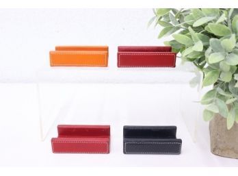 Set Of 4 Contrast-stitched Leather Business Card Holders In Red, Orange And Blue