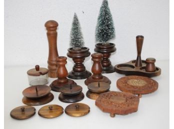 Grouping Of Turned And Carved Wooden Candleholders, Trivets, Spice And Condiment Vessels