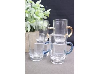 Set Of Four Tall Clear Glass Mugs With Colored Glass Almost There Handles