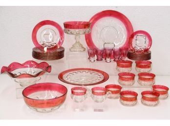 Group Lot Collection Of Cranberry Cut To Clear - Thumbprint & Ruby Band