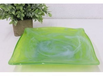 Large Sea Green And White Swirl Fused Glass Tray