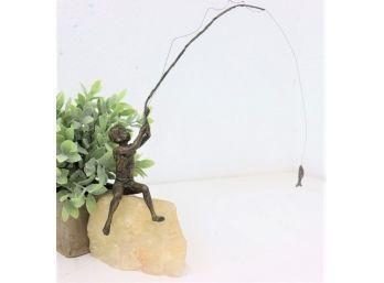 Mid Century Bronze Quartz Youth Fishing Sculpture
