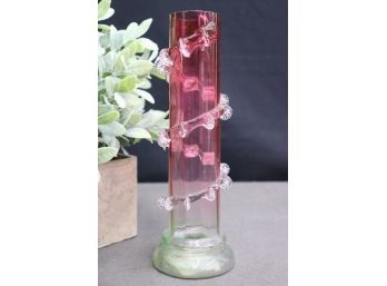 Antique Cranberry Glass Ribbed Bud Vase With Applied Clear Pincered Trail