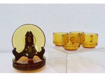 Group Lot Of Amber Glass Cups (4) And Saucers (6)