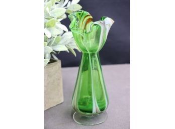 Vintage Handblown Green Glass Ruffle Wave Rim Vase Swirled With White
