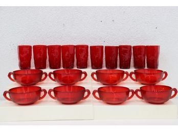 Stylish Lot Of Red Ruby Glassware - Bouillon Bowls (8) And Icicle Octagon High Ball Glasses (10)