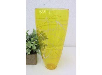 White Swirl On Yellow Hand Blown Glass Vase