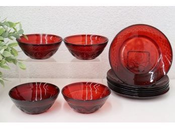 Vintage Cranberry Glass Bowls (4) & Plates (6) In Diamond Blossom Pattern