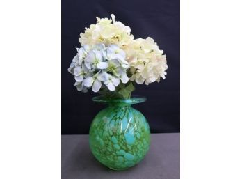 Vintage Murano-style Hand-Blown Splatter White/Green Glass Round Vase