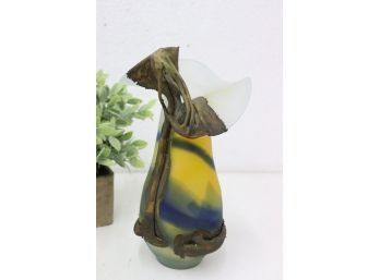 Satin Art Glass Vase With Sculptural Bronze Flower Overlay