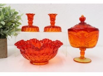 Group Lot Of Amberina Carnival Glass - Bowl, Pedestal Compote, Candlestick Holders