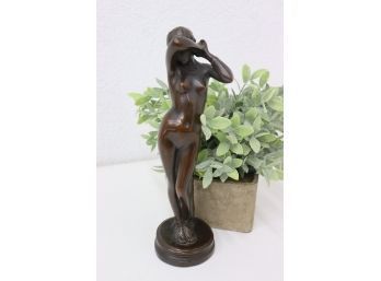 Pompeiian Bronze Co. Sculpture Of Shy Nude Leaning On Post,  Foundry Mark On Side Base