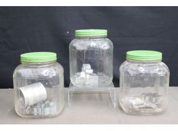 Three Vintage Square Glass Hoosier Cabinet Jars With Ribbed Edges