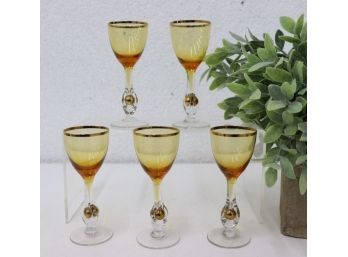 Five Vintage Czech Golden Suzana Amber/Golden Ball And Rim Glasses, Designed By Jozef Stanik