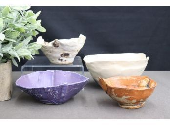 Four Artisan Craft Pottery Hand Formed Bowls, Signed Cynthia Scheider