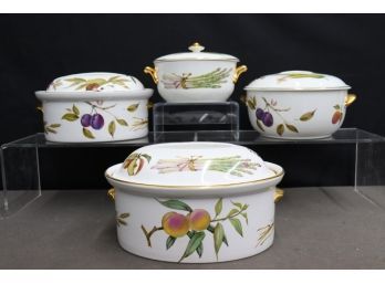 Group Of Covered Casseroles (3) And Tureen (1) - Royal Worcester Flameproof Porcelain Evesham Pattern