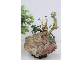Bronze Sculpture Of Pigtail Girl With Poodle On Quartz Agate Base