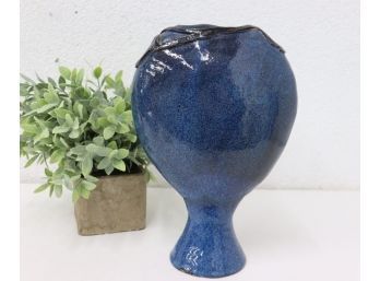 Large Vintage Blue Glazed Pottery Vase