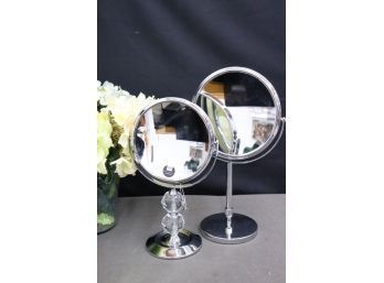 Pair Of Chrome-Metallic Tilting Make-Up Mirrors - 1 Has10X Magnification And 1 Is Adjustable Height