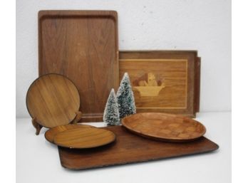 Group Lot Of Wooden Trays And Chargers, Diverse Woods And Some Inlay Work, Danish