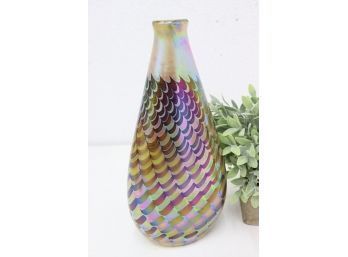 Hand Blown Art Glass Beaker Gourd Vase Iridescent Optic Reticulated Design