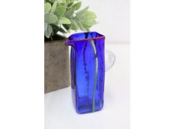 Gorgeous Art Micro-ripple Glass Pitcher Cobalt With Red/gold Striations & Applied Clear Fluted Loop Handle