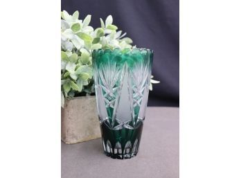 Ornate Circular Cut Crystal Vase In Tea Green Cut To Clear Back To Emerald Green