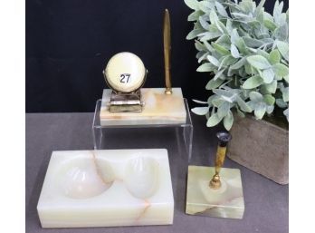 Group Lot Of Vintage Green Onyx Desk Items