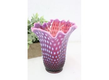 Vintage Glass Opalescent Cranberry/amethyst Ombre Hobnail Ruffle Vase