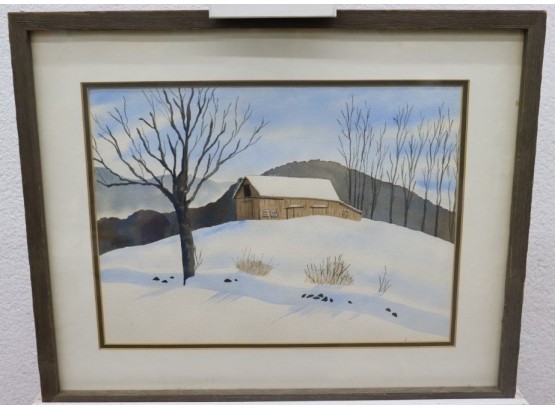 Vintage Watercolor On Paper, Barn On Snowy Hill