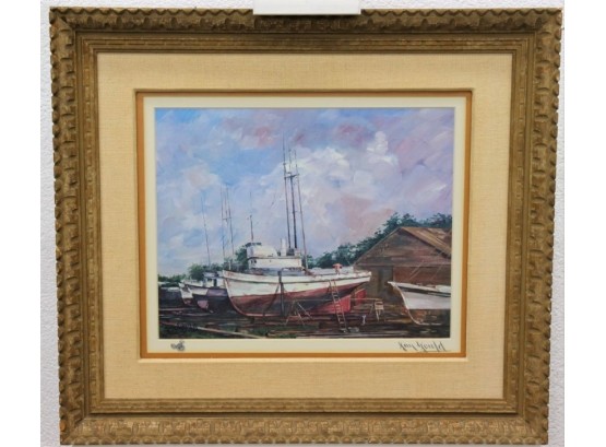 Framed Drydock Boats Print By Disney Artist Jay Gould, On Matte Signature And Mouse Monogram, Left To Right