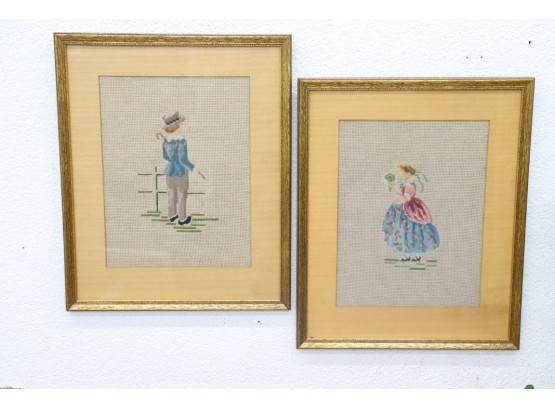 Two Finely Framed Cross-Stitch Decorative Wall Needle Art