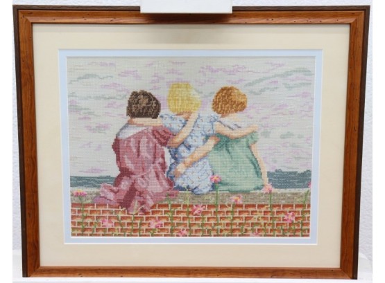 'best Friends' Cross Stitch Designed By Diana Thomas In Double Wood Frame (completed)