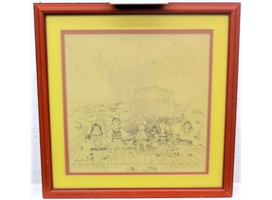 Whimsical Children On Boardwalk At Beach Drawing Reproduction Of Stone Lithograph