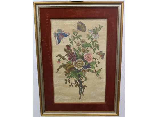 Art Nouveau Style Flowers & Butterfly Print In Finely Detailed Frame