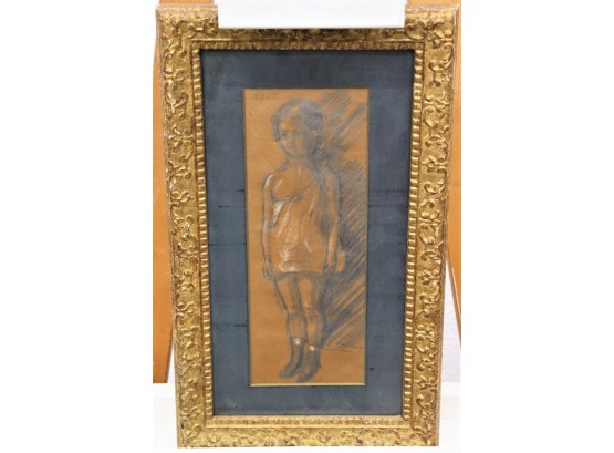 Full Length Charcoal Sketch Portrait Of Young Girl Ornate Faux Gilt Aged Frame