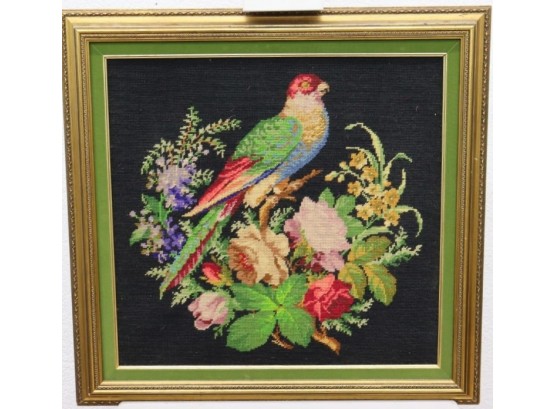 Vintage Needle Art Cross Stitch - Colorful Parrot On Array Of Flowers - Green Mat And Gold Frame