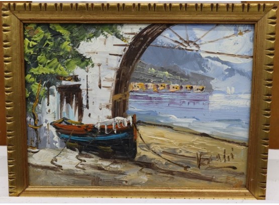 Harbor Waterscape With Boat Works And Arch In Dignified Frame, Signed By Artist Lower Right