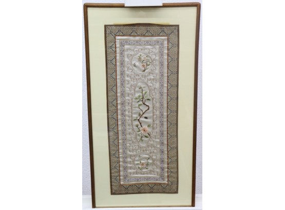 Vintage Asian Embroidered Silk Panel With Bird And Flower With Multiple Patterned Borders