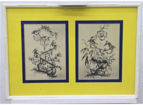 2 Of 2: Pair Of Jean Pillement Chinoiserie Engraving Repros Boldly Mounted In Yellow/Blue Mat And White Frame